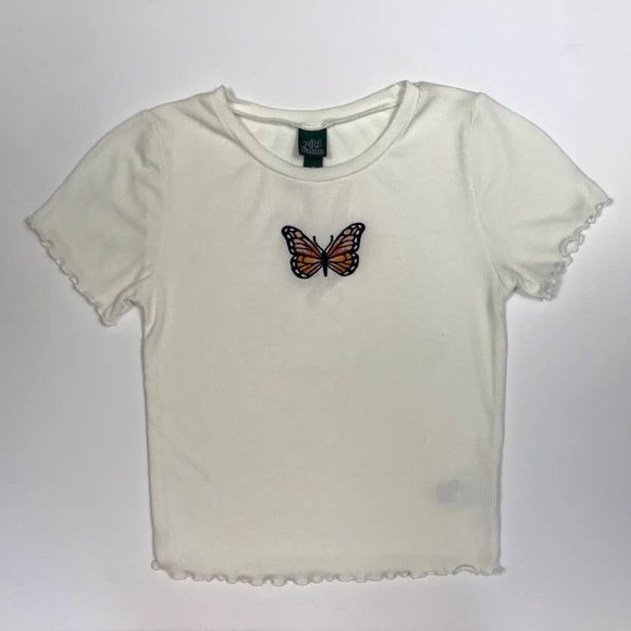 Embroidered Butterfly Crop Baby Tee Ribbed Fabric Ripple Hem - Picture 2 of 5